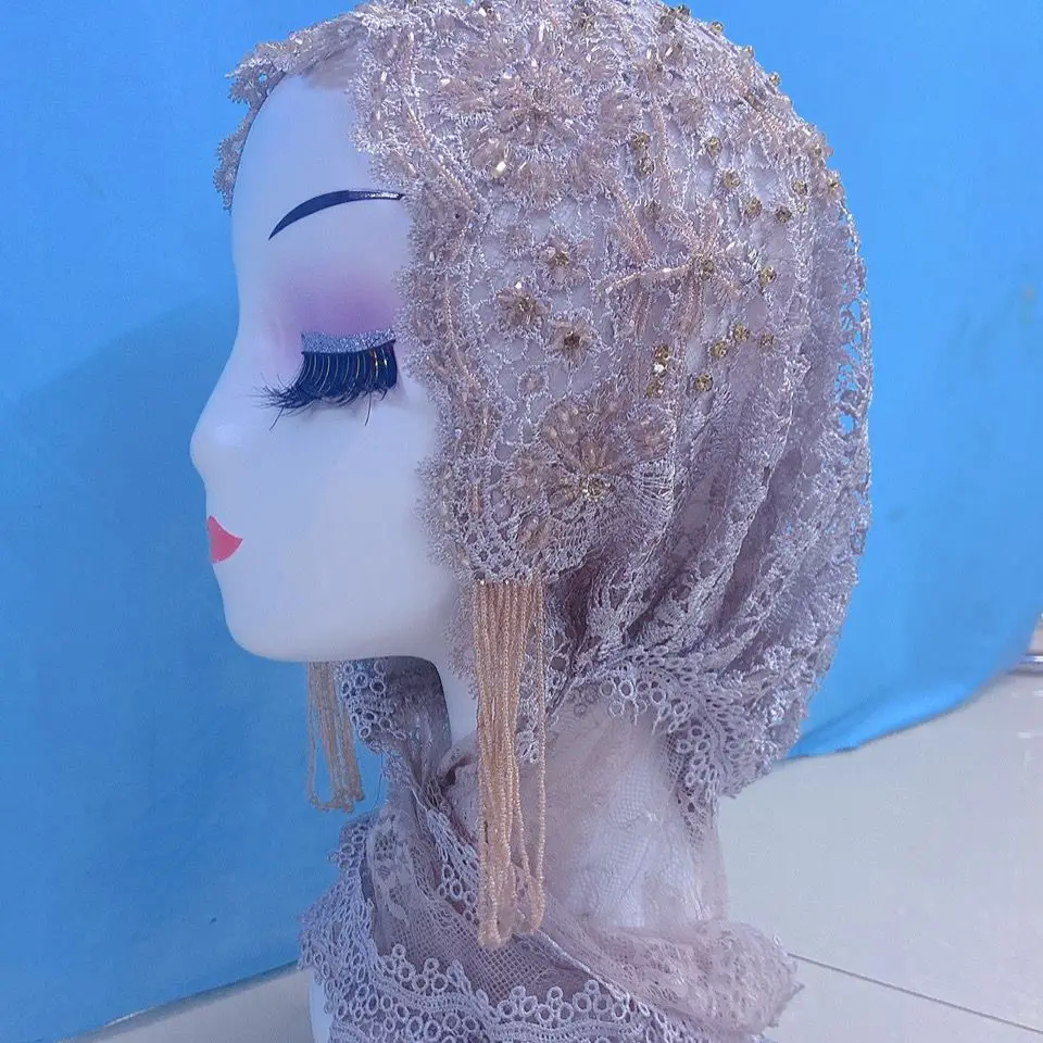 Gorgeous Muslim Chiffon Hijab Scarf Turban Floral Beads Hijab Embroidered Shawl Hat Fringed Summer Wedding Party Isntant Cap