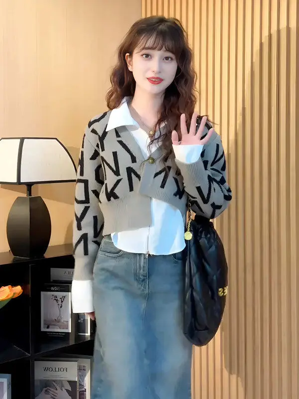 

Hong Kong Style Letter V Neck Fake Two-piece Sweater for Women Spring Autumn and Winter Loose Inner Short Cardigan Top