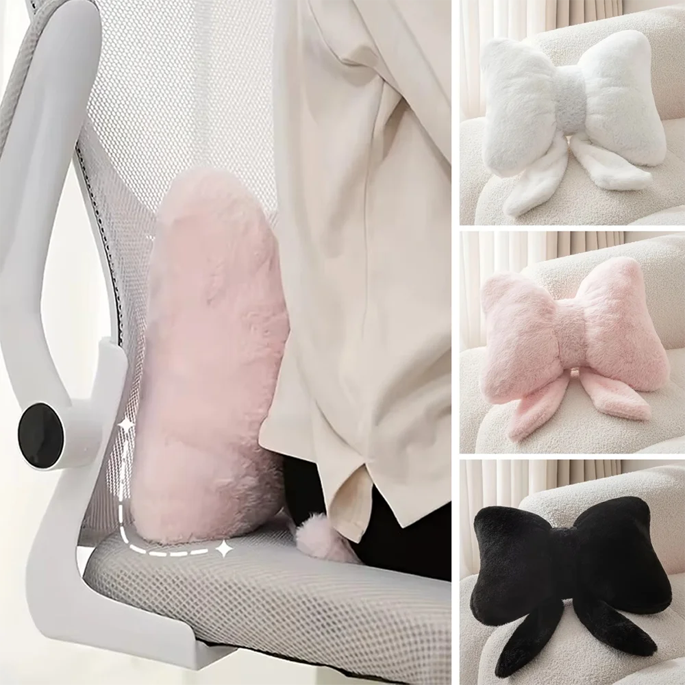 Pink Imitation Rabbit Fur Couch Pillow with Bow Ribbon Comfortable Car Seat Cushion Simple All-Match Backrest Cushion