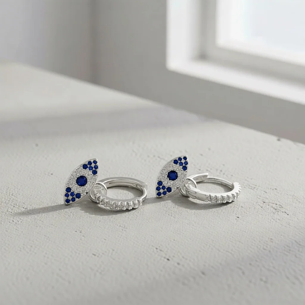 Dainty Gold Evil Eye  Earrings with Sparkling Blue Stones, Cute Protection Charm Hoops, Perfect Mystical Gift for Her Birthday
