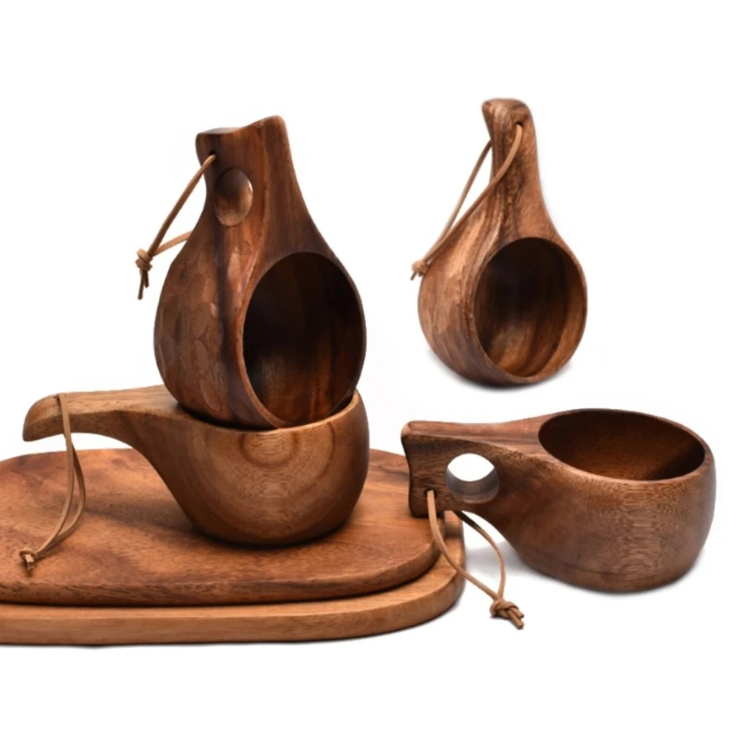 Portable Finland Kuksa Acacia-Wood Handle Cowhide Rope Hook Juice Milk Cup - Classic Coffee Drinking Cup Drinkware