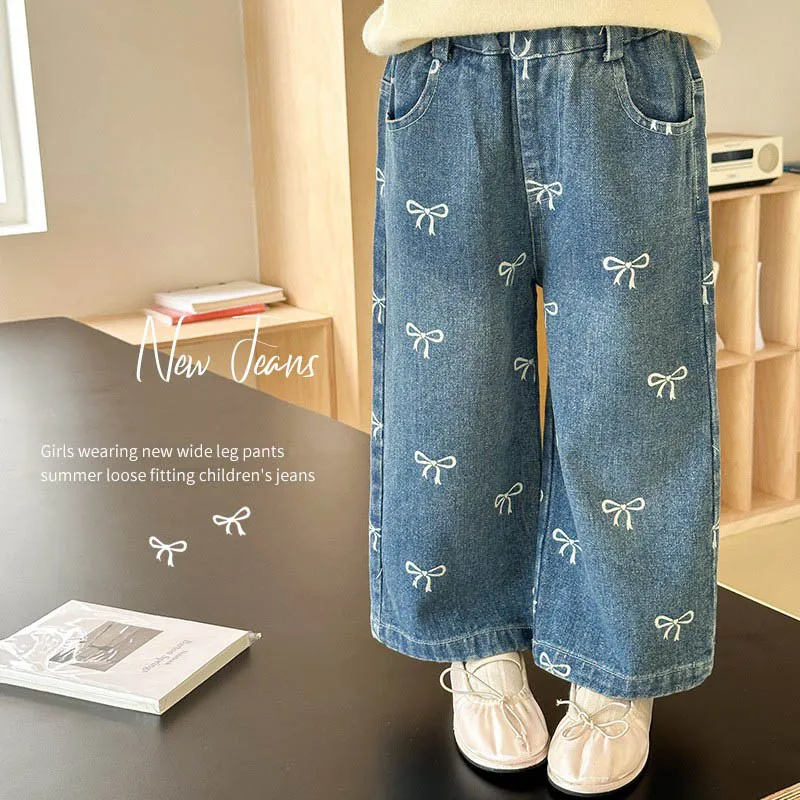 

2025 Spring Children Girl Jeans Cotton Knotbow All Print Baby Girl Denim Pant Loose Fitting Little Girl Wide Leg Pant For 2-8Yrs
