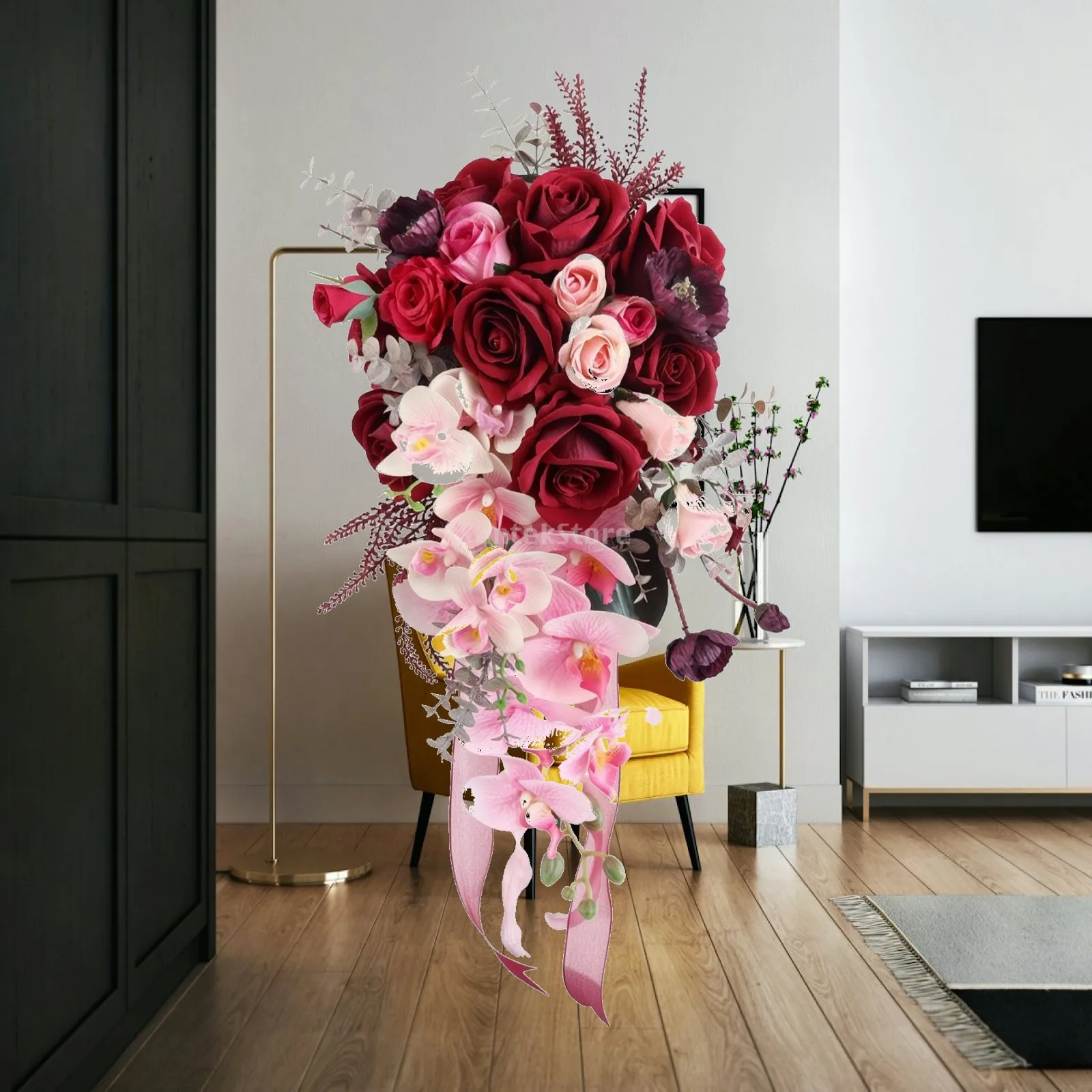 Teardrop Artificial Hand Bouquet Lifelike Rose and Blossom Silk Bouquet Floral Arrangement Reusable Elegant for Brides