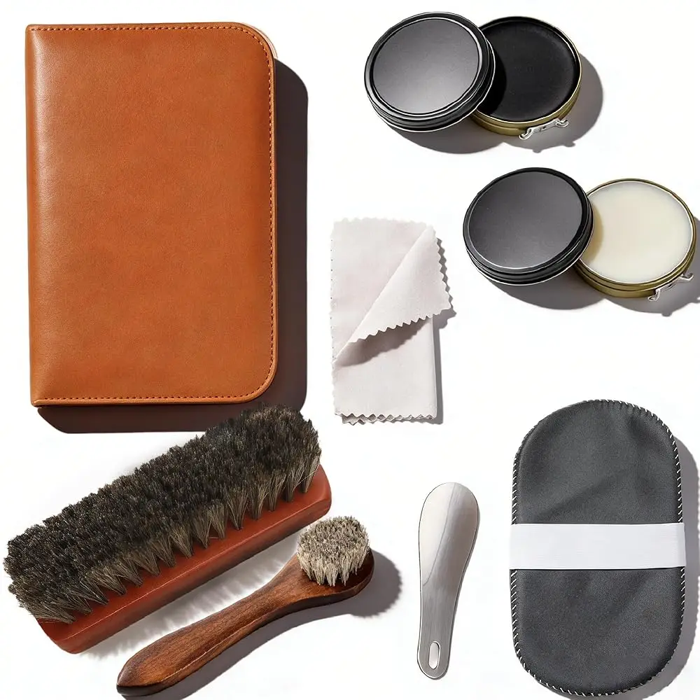 

Набор для чистки обуви для дома и путешествий, включающий крем для обуви, щетку с щетиной, губчатую щетку, полировочную салфетку и ложку для обуви.