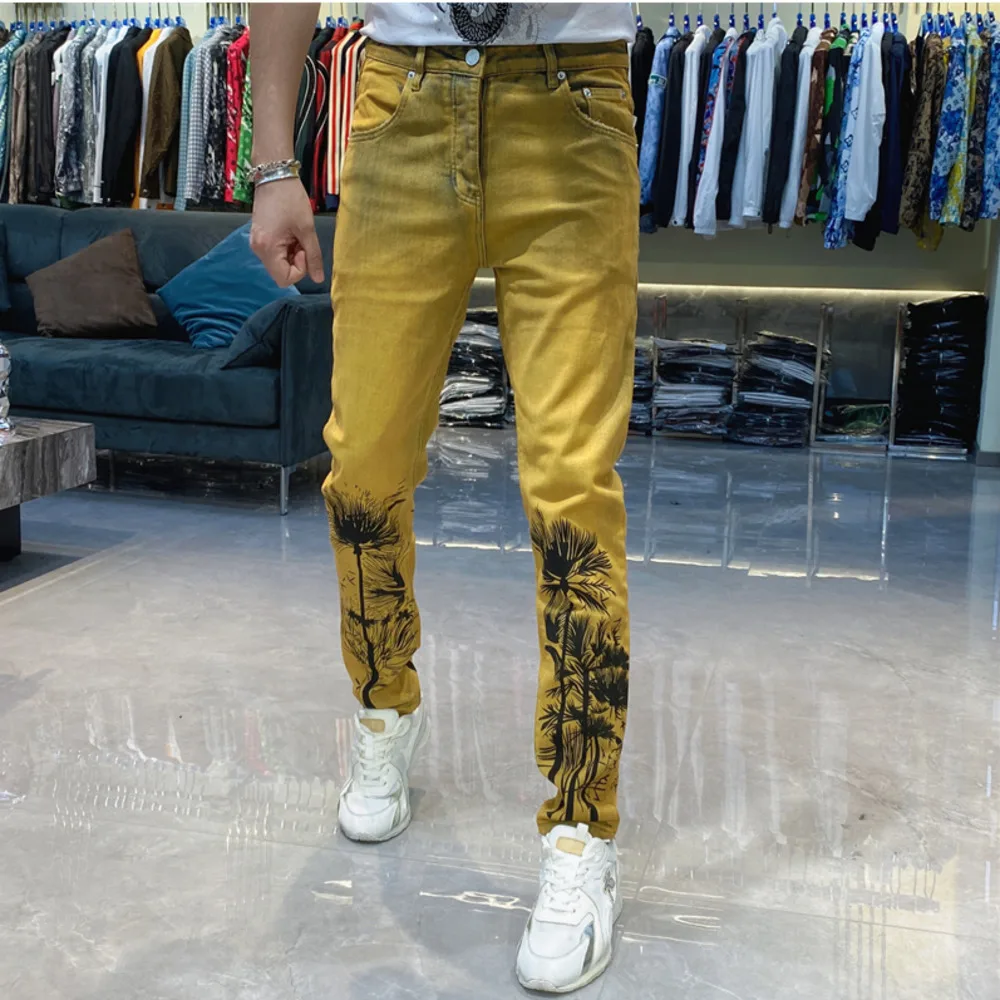 Pantalones vaqueros ajustados para hombre, Jeans elásticos con estampado de árbol antiguo, moda urbana