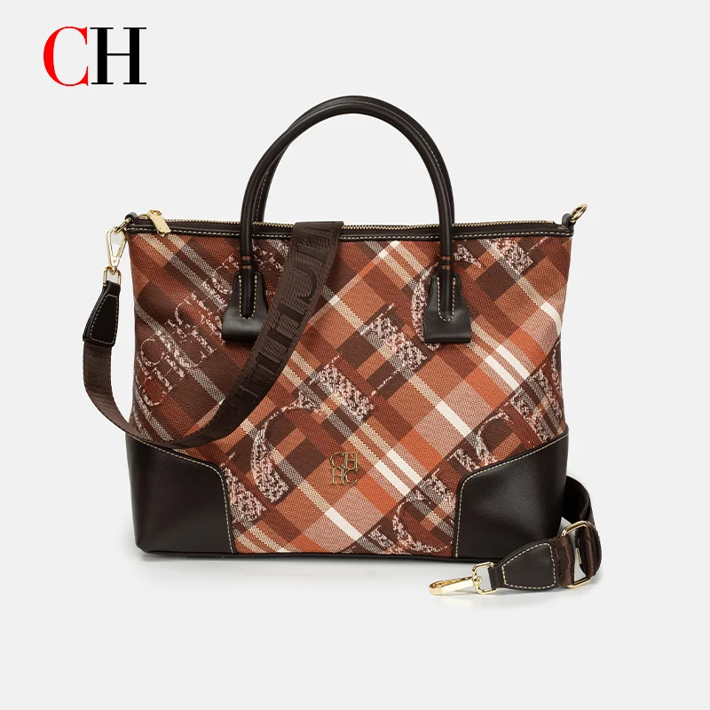CH Women Red Black Plaid Tote Bag Large Capacity Handbag PU Leather Shoulder Crossbody Bag Ladies Casual Fashion Work Purse