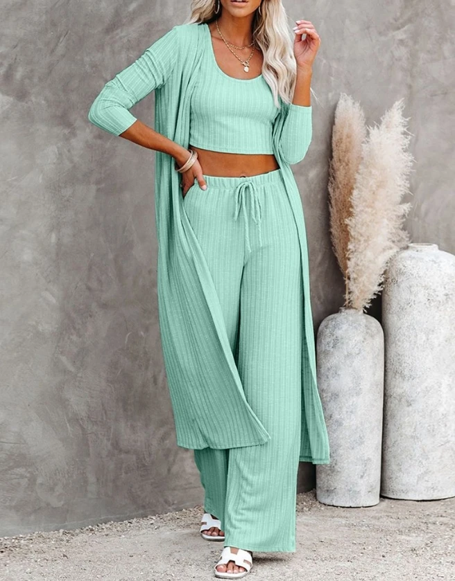 

3 pieces set for Women 2024 Spring Summer New Fashion U-Neck Crop Ribbed Tank Top & Drawstring Pants Set with Longline Coat