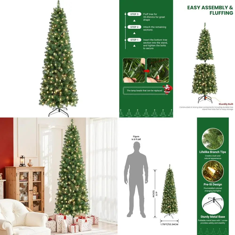 

SHareconn 4 ft Prelit Artificial Hinged Slim Pencil Christmas Tree with Warm White Lights, Full Branch Tips, Good Choice Decorat