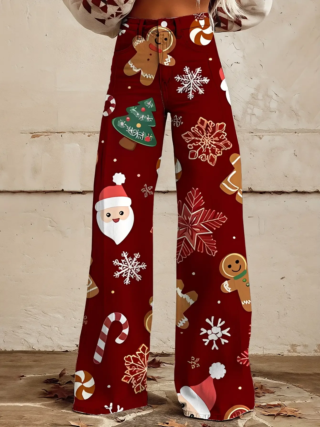 Christmas Gift Box Sweet Full Print Women's Loose Horn Imitation Jeans, with a denim craftsmanship,