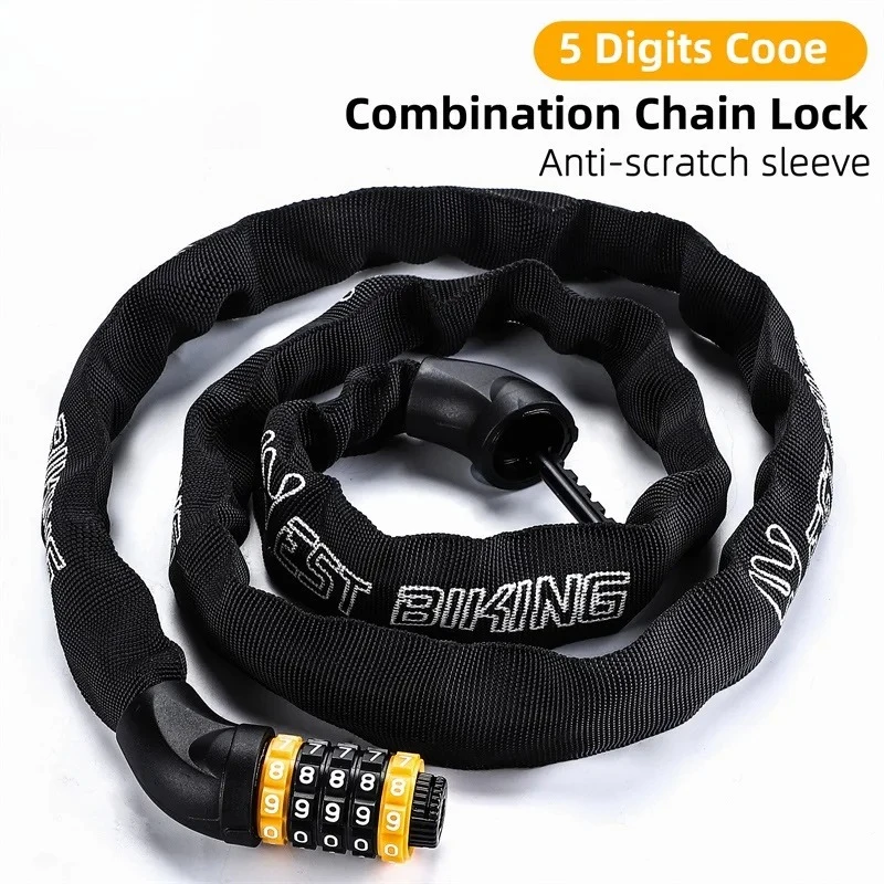 WEST BIKING Bicycle Lock 65-150CM Multi-length Bike Chain Lock Motorcycle Ebike Cycing 5-Digit Password Anti-theft Safety Lock