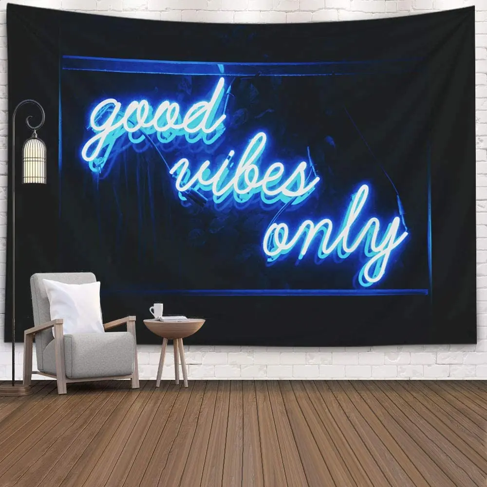 

Blue tapestry Good Vibes Only Words Tapestry Wall Decorative Art Blanket Curtains Hanging at Home Bedroom Living Room Decor