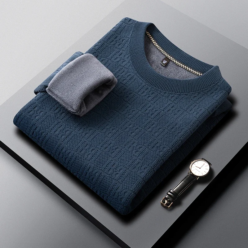 Men Crew Neck Fleece Lined Sweater Jacquard Knit Texture Long Sleeve Thick Warm Pullover Soft Stretch Winter Casual Mens Tops