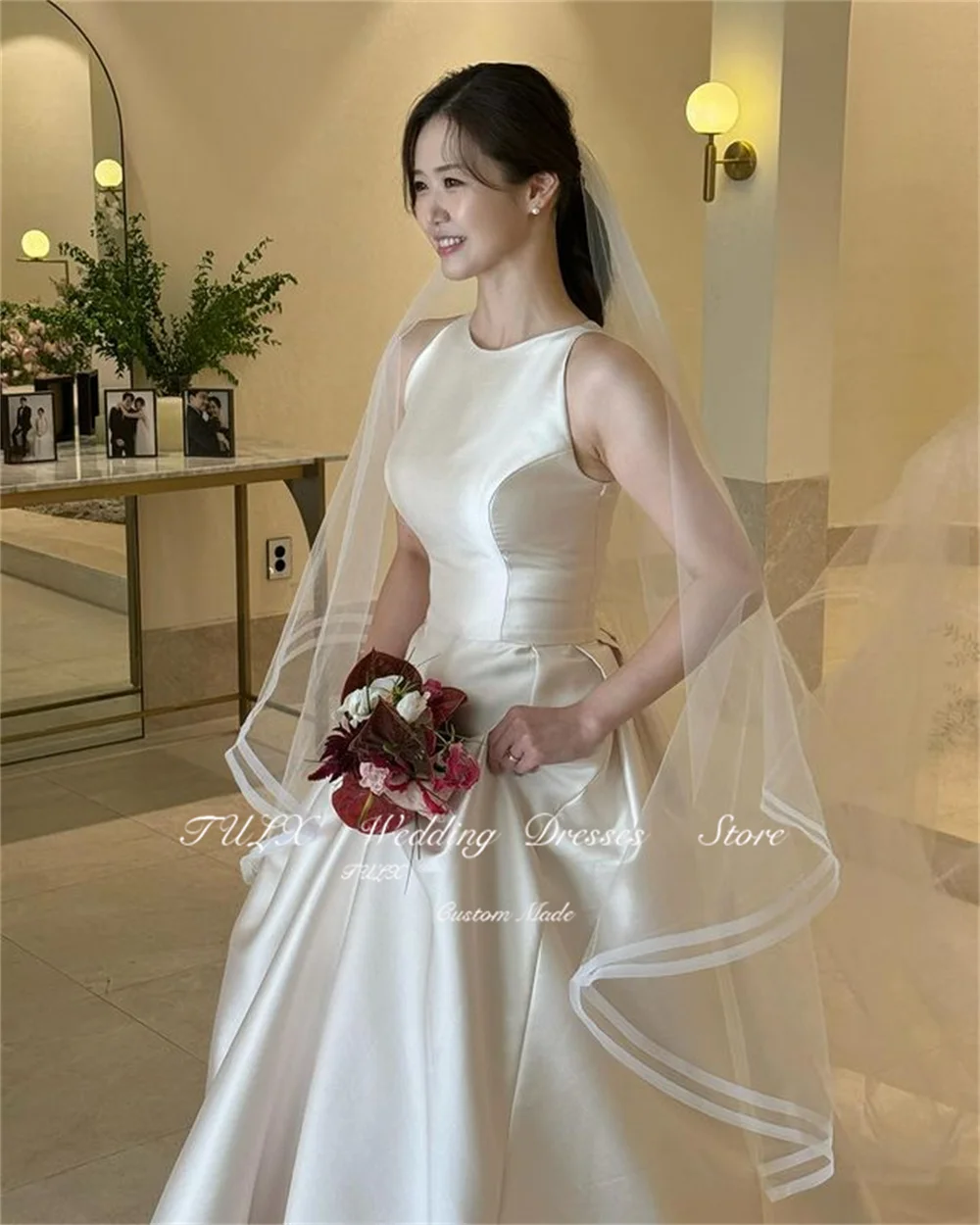 

TULX Elegant A-line Satin Wedding Dresses Korea Photo Shoot O-Neck Sleeveless Long Bridal Gowns Corset Back Custom Made 2025