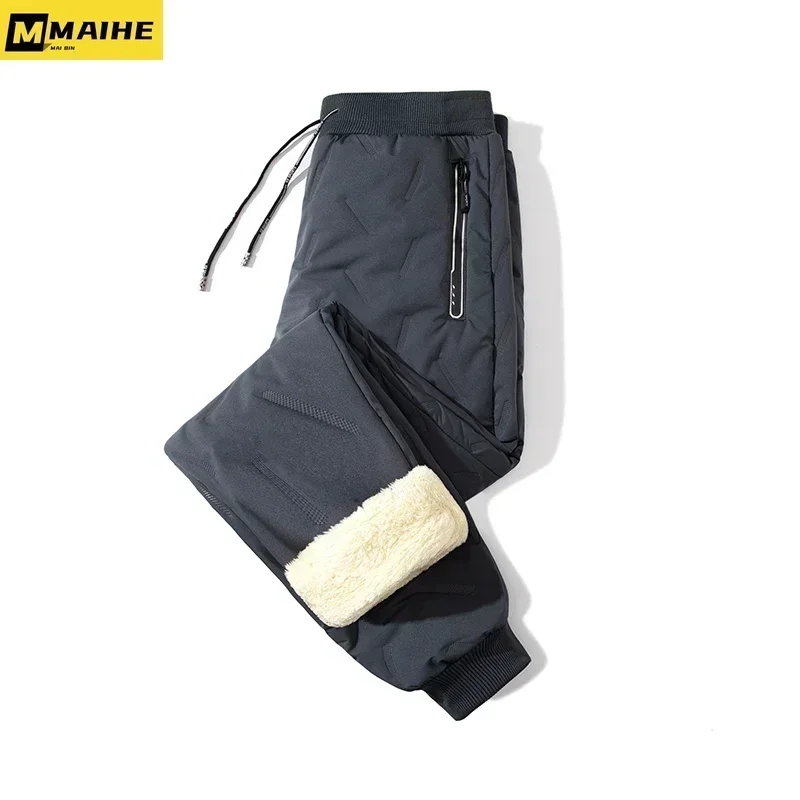 Winter Sports Pants Men's Fleece-lined Thickened Zipper Pocket Jogging Pants Casual Fashion Cold-proof Warm Down Pants 7XL 8XL