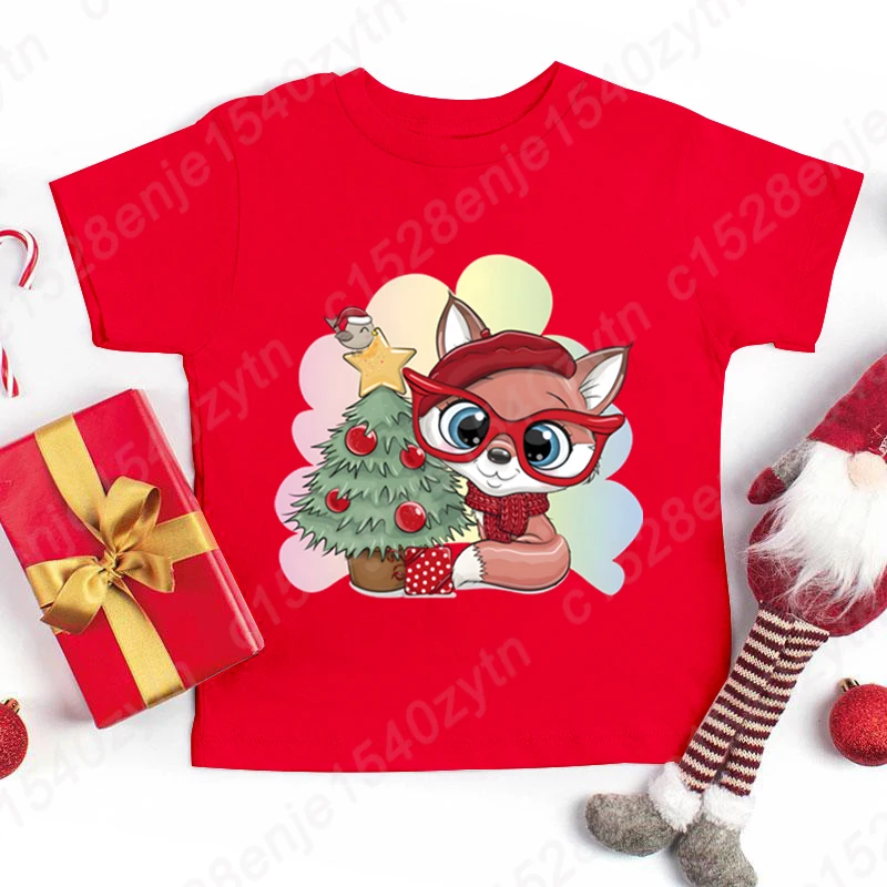 

Christmas Tree Fox Print Tee Shirt Summer Casual T-shirt For Kids Children Boys Girls Round Neck Short-sleeved Tees Fashion Tops