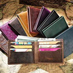 Genuine Crazy Horse Leather Short Wallets Bifold Purse Vintage Cowhide Clutch Men wallets Retro Coin Pocket Wallets Unisex