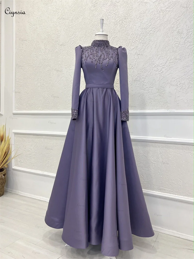 Ciynsia Long Sleeve Formal Evening Gown For Women Elegant Vestidos De Graduación A-Line Satin Beaded Ankle Length Prom Dresses