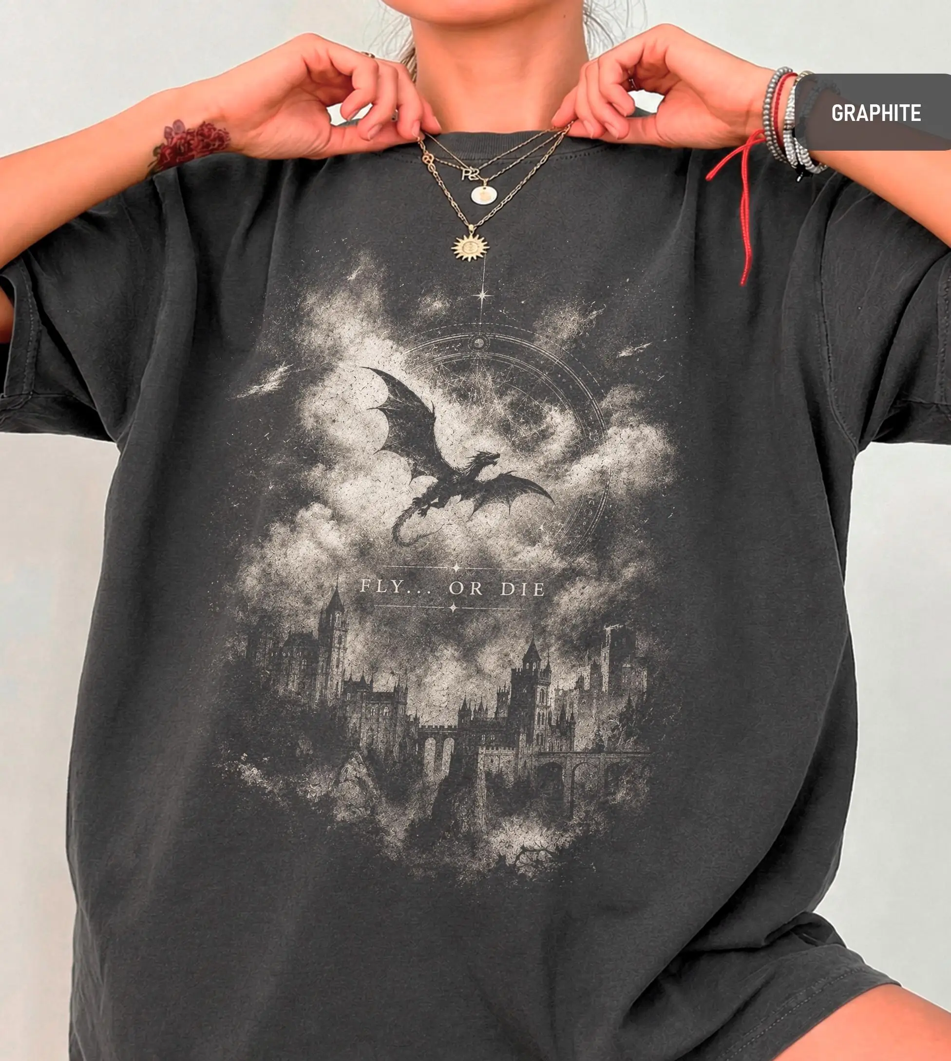 Fourth Wing Fly or Die T-shirt Retro Dragon Castle BookTok Graphic Tees Unisex Oversized Washed Short Sleeve T Shirts