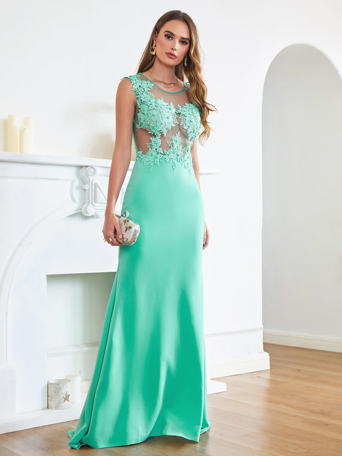 

2025 Women's Mermaid Dresses Peacock Green Sheer Tulle Lace Appliques O-Neck Evening Deess Sexy Illusion Backless Party Gowns