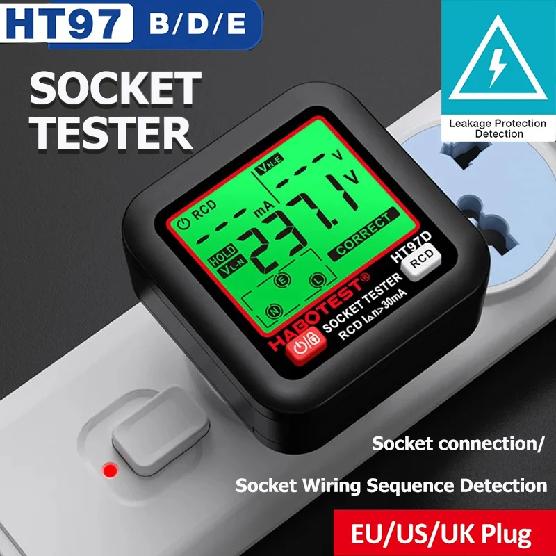 HT97 Digital Socket Tester Voltage Detector EU/US/UK Plug Large Display Outlet Checker RCD GFCI Voltage Test Leakage Protection