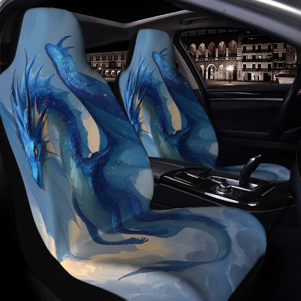 2pcs Blue Dragon Flying In The Clouds Printed Car Seat Covers, Suitable For Sedans, Suvs, Mpvs, Trucks, Durable Polyester Materi