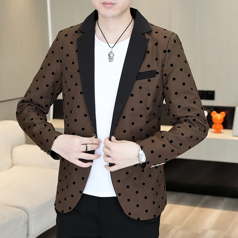 High Quality Fashion Korean Suit Male Youth Leisure Polka Dot Flocking Heavy Craft Slim-fit Fashion Single  Men Blazer Slim Fit