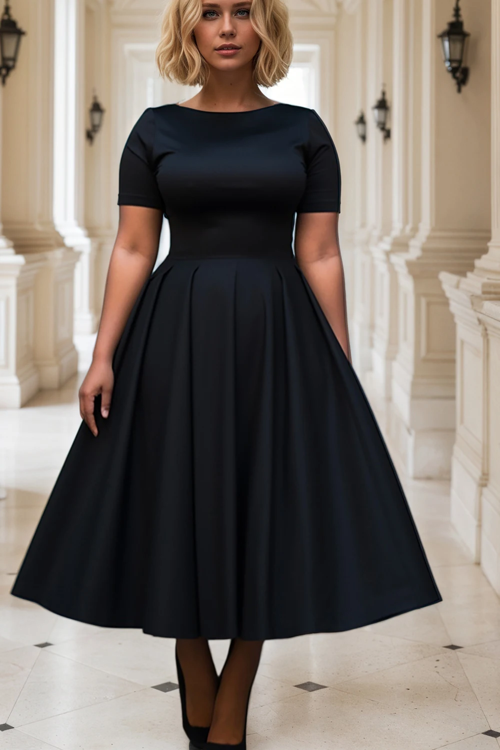 

Women's Plus Size Black Swing Dress, Elegant Boat Neck Short Sleeve A-Line Midi Dress for Formal & Casual