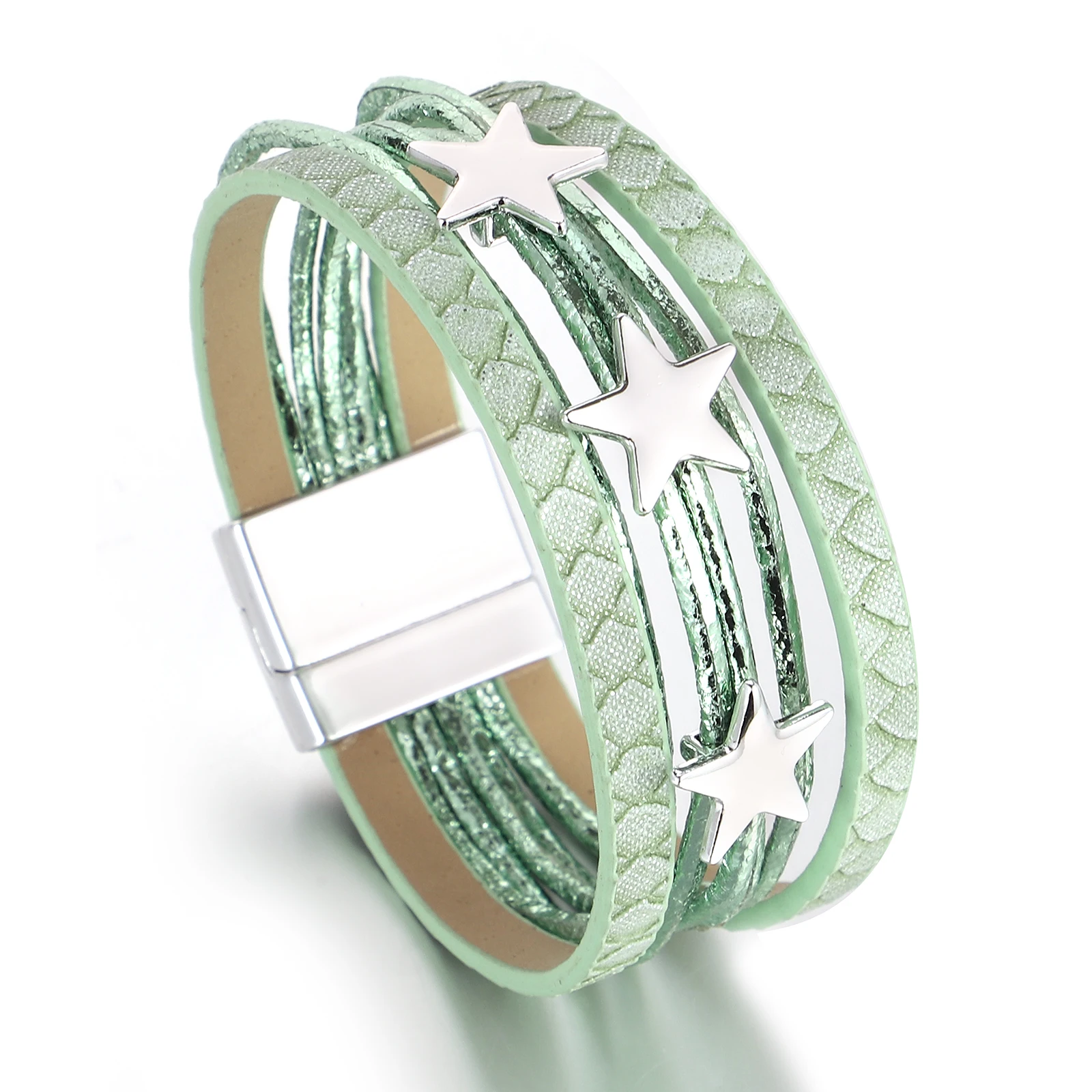 ALLYES Fashion Stars Wrap Leather Bracelet for Womem Boho Colorful Glitter Filled Multilayer Wide Bangle Bracelets Party Jewelry