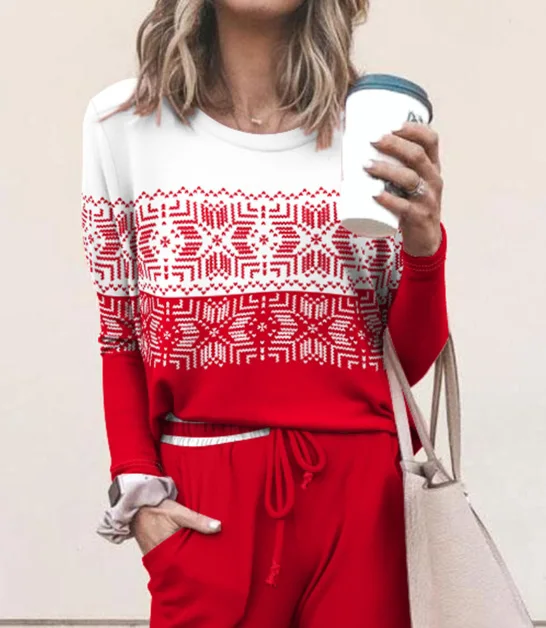 Women's Christmas Suits 2025 Autumn Winter Latest Casual Christmas Round Neck Top+High Waisted Pants Two-Piece Set 2-Piece Set