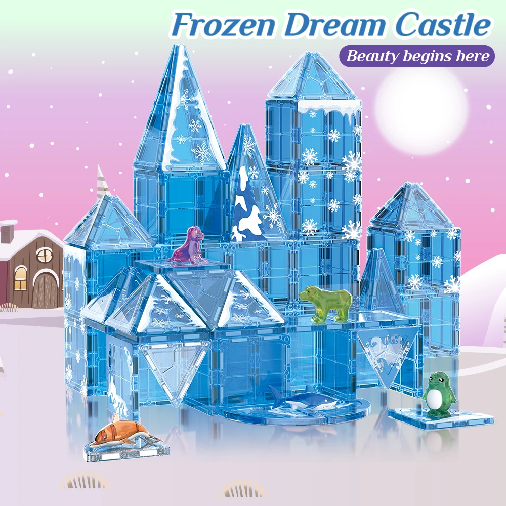 Set di costruzioni di castelli di ghiaccio con blocchi magnetici, giocattoli sensoriali STEM per bambini Montessori, regalo di compleanno di Natale, gioco educativo impilabile