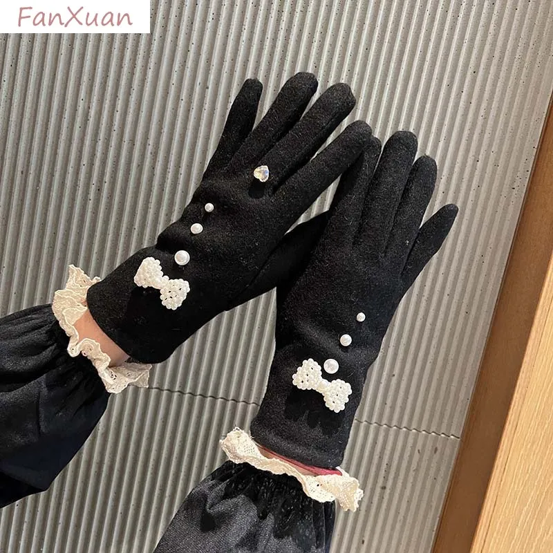 女性用手袋-冬用-裏起毛-暖かい-エレガント-ブラック-グレー-ピンク-手袋-タッチスクリーン対応-可愛い-リボン-ミニビーズ