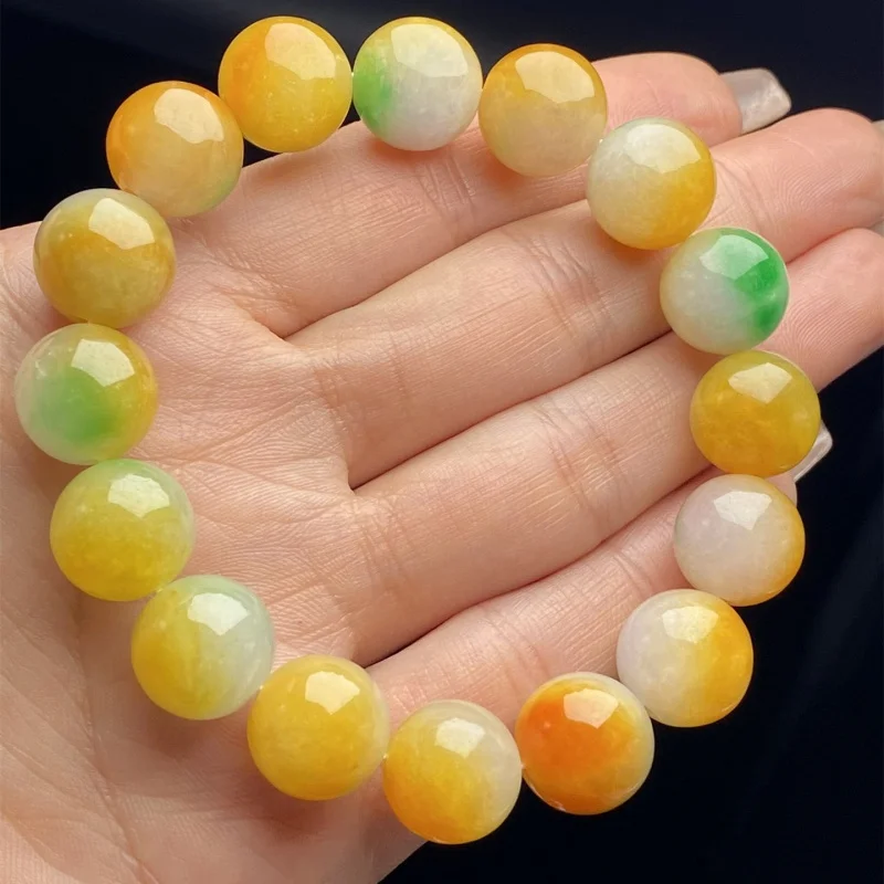 Myanmar Natural Emerald Waxy Colorful White Background Yellow Floating Green Circle Beads Jade Bracelet