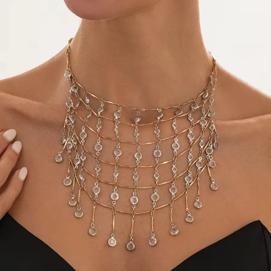 Salircon Creative Elegant MultiLayer Crystal Tassel Necklace for Women Luxury Shiny Rhinestone Clavicle Chain Fashion Jewelry