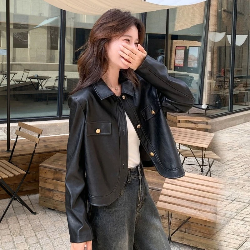 

Black Women's Short PU Leather Jacket Spring 2025 Vintage Harajuku High Waist Fashion Biker Coat