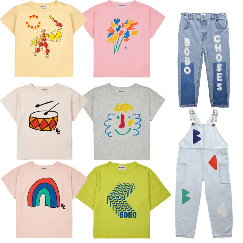 2025 New Spring/Summer Jeans Strap Pants Boys Girs Solid Color Printed T-shirt Baby Girl Blue Denim Overalls Kids Set