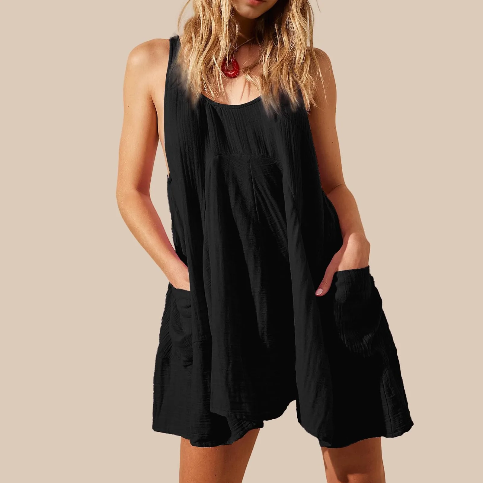 

New Women Summer Short Dresses Straps Sleeveless Pockets Short Dress Pleated Crew Neck Solid Color Elegant Holiday Tank Dresse