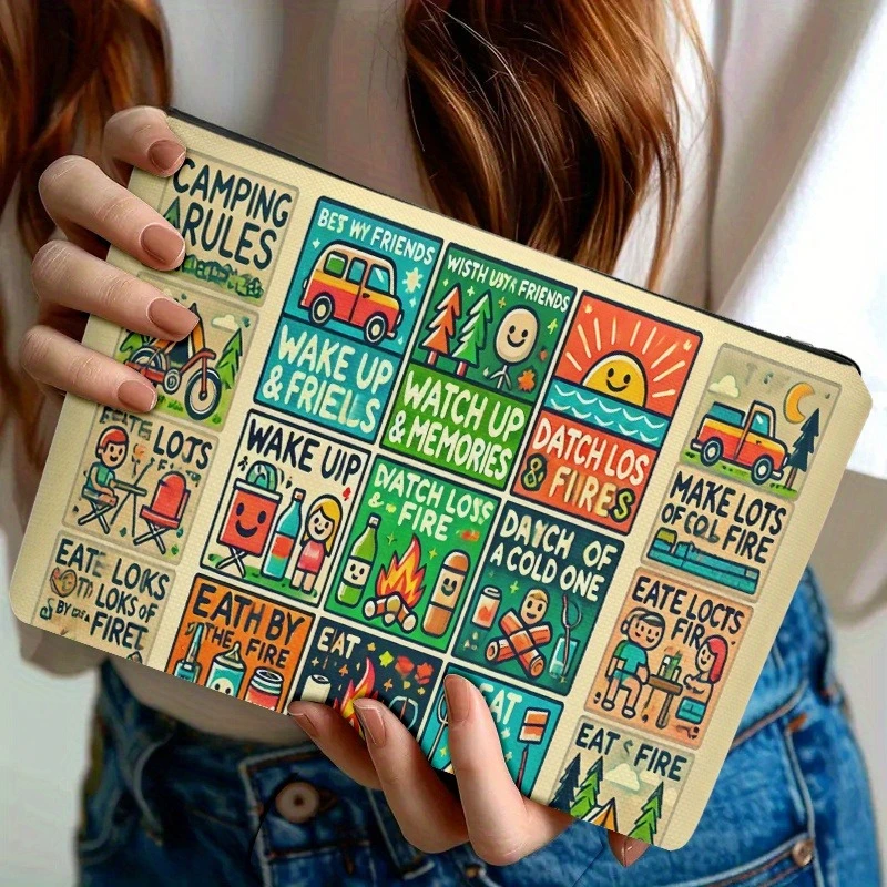 

1 шт. - Универсальная сумка для туалетных принадлежностей для кемпинга - с двусторонним принтом на тему костра и палатки, из прочной ткани с застежкой-молнией.