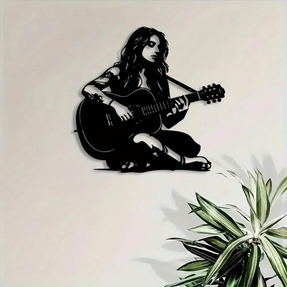 Décoration murale vintage en aluminium Guitare Dame, Décoration en fer noir pour salon, Cadeau pour les amateurs de musique