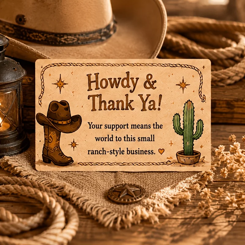 

Cowboy Thank You Cards Bulk 50/100PCS – Western Ranch Packaging Inserts for Small Business