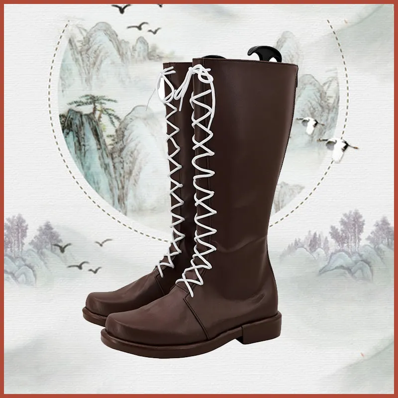 Anime Frieren: Beyond Journey's End Stark Cosplay Shoes Brown Medium-long PU Leather Flat Sole Boots For Halloween Carnival