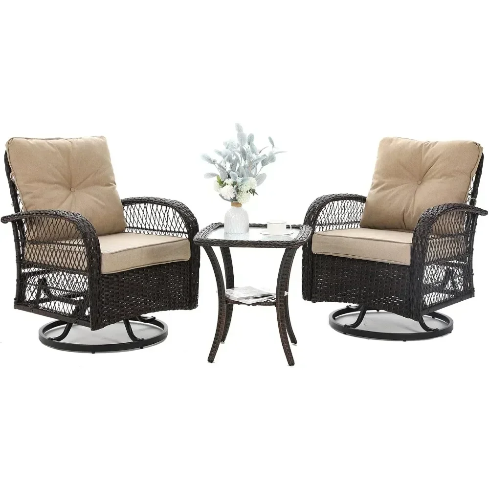 

3 Pieces Patio Furniture Set Outdoor Swivel Glider Rocker Wicker Patio Bistro Set with Rocking Chair Thickened Cushion and Table