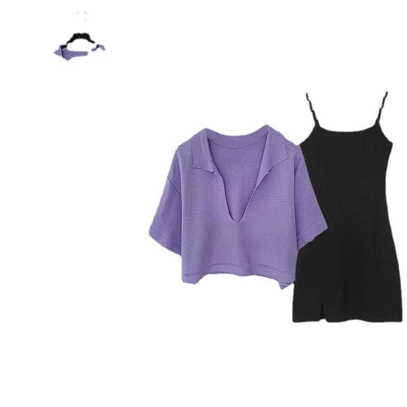 

Women's Summer Suit Female 2022 New Short-sleeved Top Female Fashion Thin Halter Dress Two-piece Y2K
