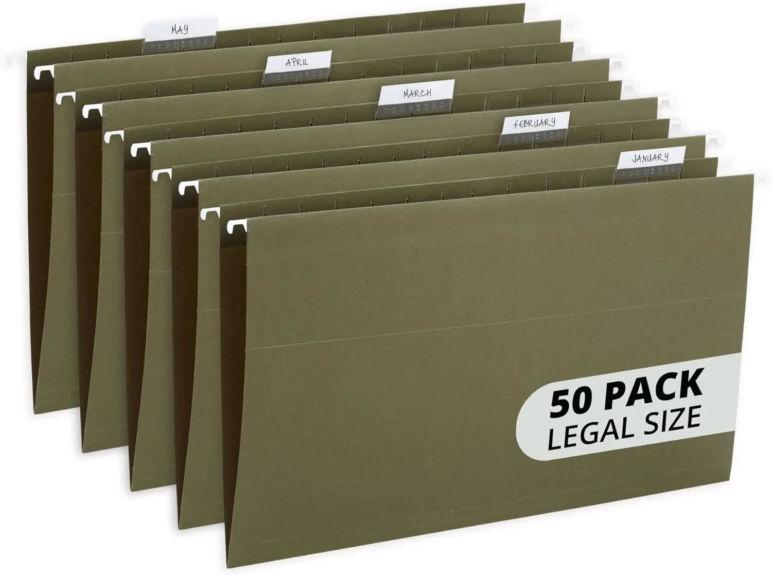 

50 Legal Size Hanging File Folders with Adjustable Tabs, 5 Tab Locations for Office Organization, Standard Green Pack