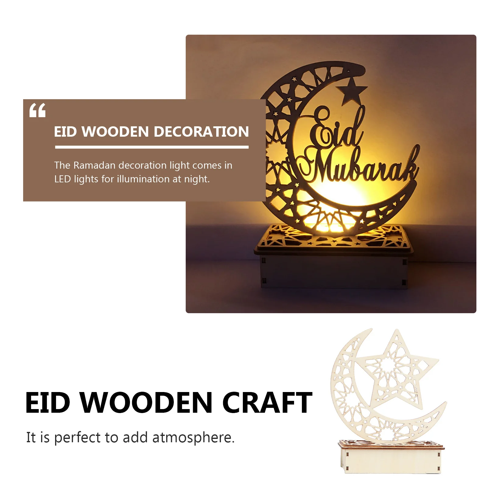 3Pcs Hollow Wooden LED Ornament Eid Mubarak Ramadan Festival Home Decoration DIY LED Palace Eid Wooden Ornament