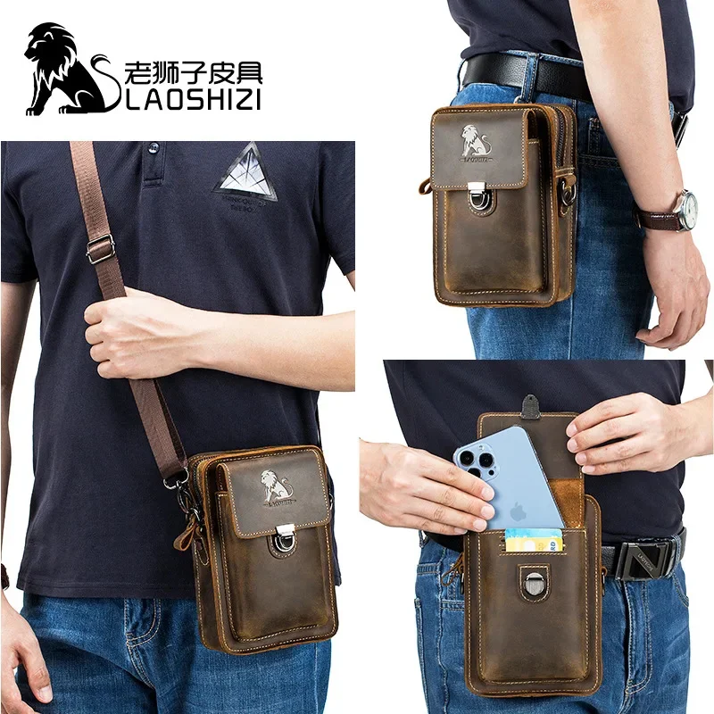 LAOSHIZI-Bolso de piel de Caballo loco para hombre, monedero de cuero genuino, multifuncional, hombro pequeño, bandolera de ocio, bolso para teléfono móvil