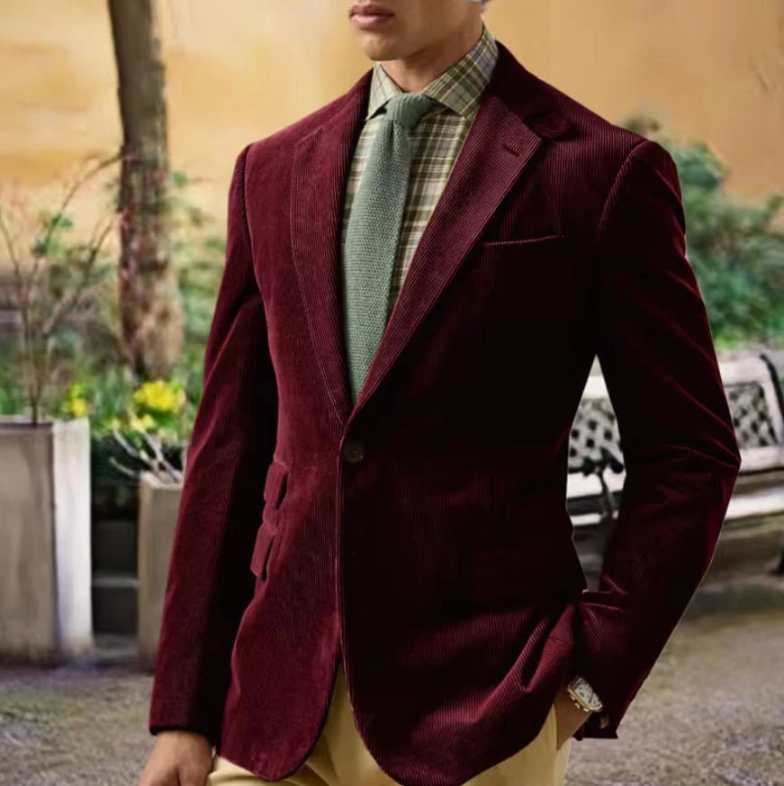 

Only Jacket 1PCS Spring/Autumn Men's Suit Corduroy Single-Breasted Retro Casual Notched Lapel Solid Color Western Sport Coats