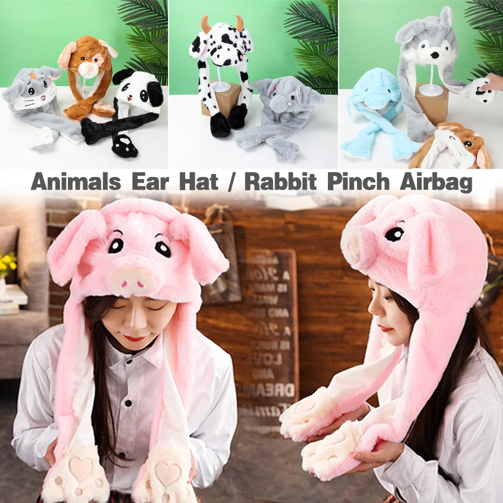 Women Girls Soft Warm Rabbit Pinch Airbag Animals Ear Hat Plush Funny Cap