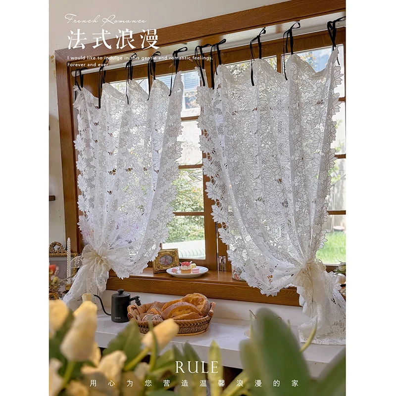 French Idyllic Embroidered Flowers Hollowed-out Tulle Curtains for Living Room Warp Ruffled Wave Sides Curtains for Kitchen A668