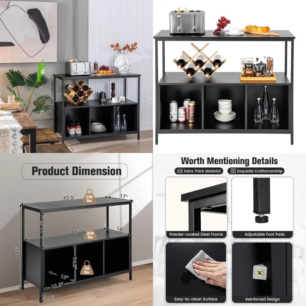 

Black Open Shelf Kitchen Cabinet with 3-Cube Storage, 43.5 x 17 x 35