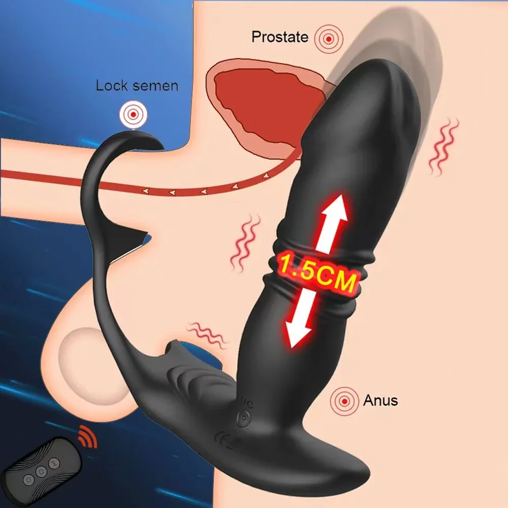 

Silicone Anal Vibrator Thrusting Prostate Stimulator Massager Delay Ejaculation Lock Ring Anal Butt Plug Sex Toys Dildos for Men